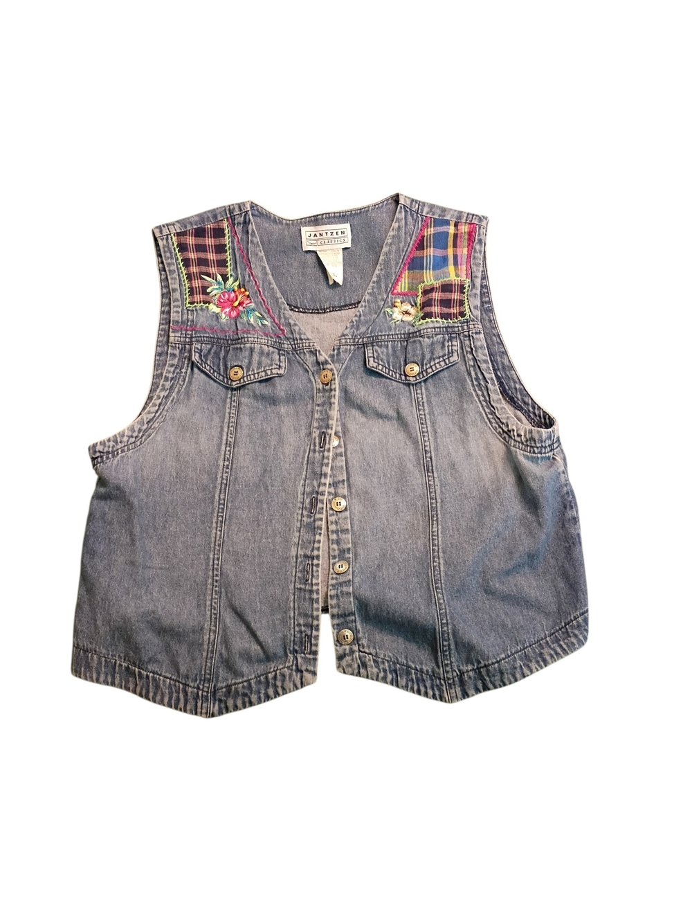 Jantzen Light Blue Denim Vest with Plaid and Floral Accents Vintage